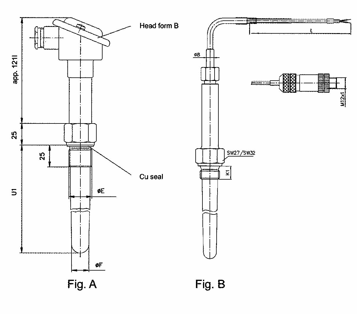 651865 W25: Temp Sensor for Exhaust Gas, 14/17 mm Dia, G3/4 Conn