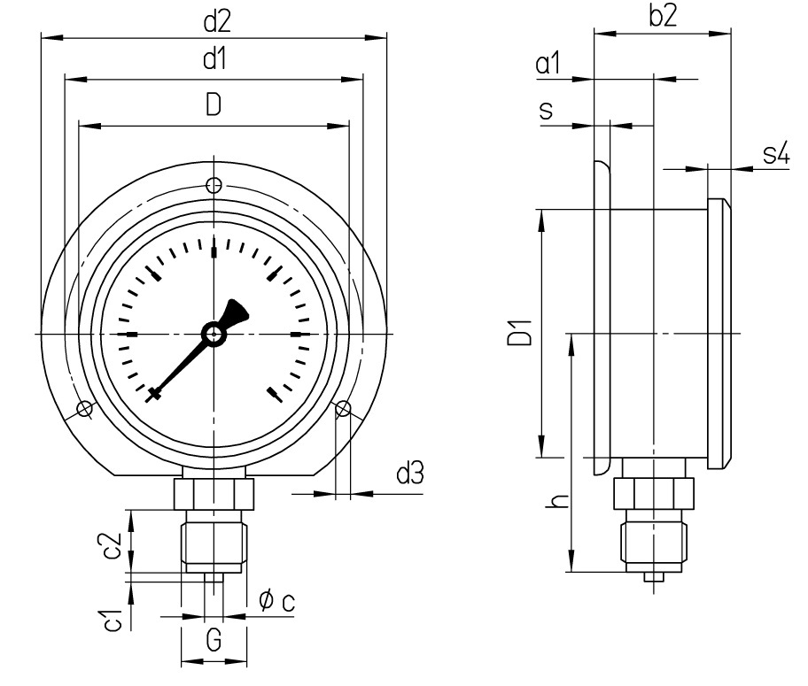 653192 GAUGE PRESSURE GLYCERINE BOTTM, BACK 0-250BAR 100MM G1/2